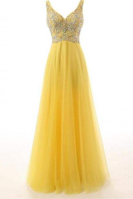 Formal Evening Gowns Dresses Festa Curto Crystals Yellow Chiffon Long Evening Prom Dresses