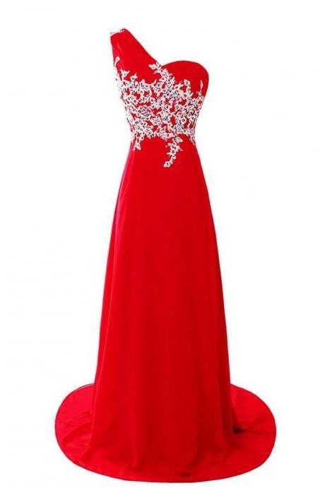 Evening Dresses Long One Shoulder Red Chiffon Appliqued Prom Dress
