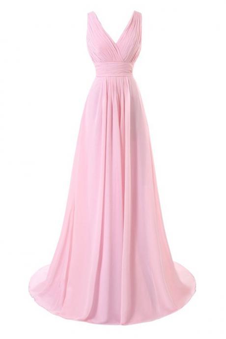 Simple Pink Chiffon V-neck Backless Evening Prom Dresses