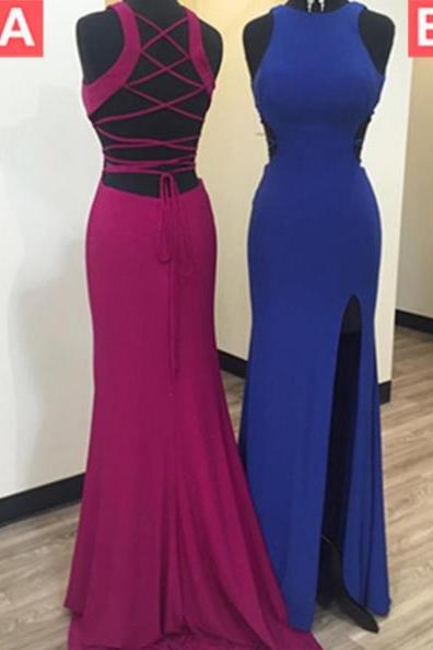 Blue Lace-up Side-slit Satin Prom Dresses