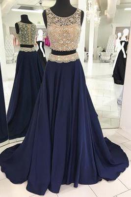 Two Piece Prom Dress, Sexy Crystal And Beading Long Formal Evening Dress,o Neck Prom Dresses, Sleeveless Evening Gowns
