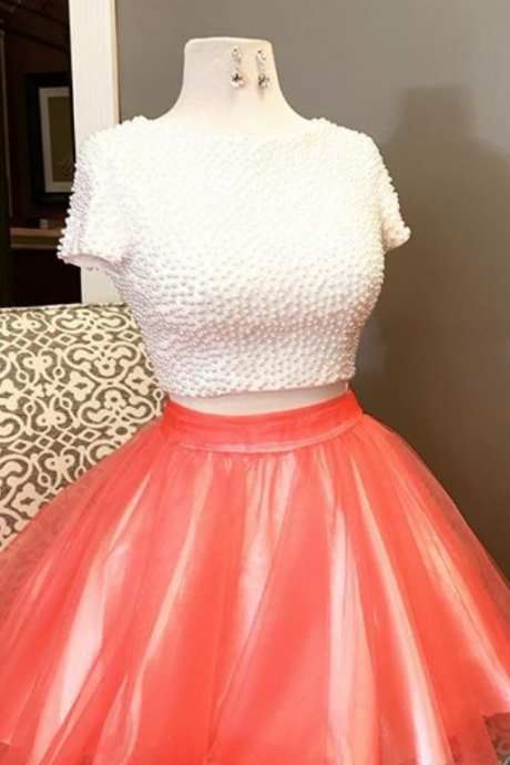 Two Piece Homecoming Dress, White And Orange Homecoming Dress, White Pearls Homecoming Dress