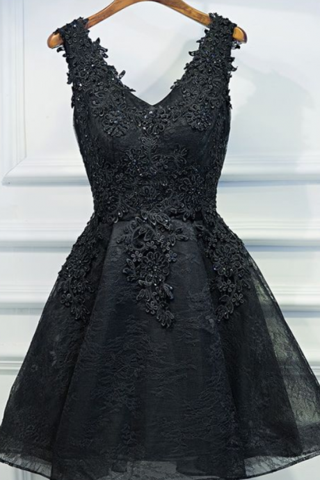 Sexy Black Short Prom Dress, Black Lace Party Dress,appliques Beaded Homecoming Dress