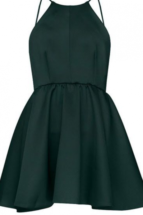  Forest Green Minimal Halter Neck Short A-Line Dress 