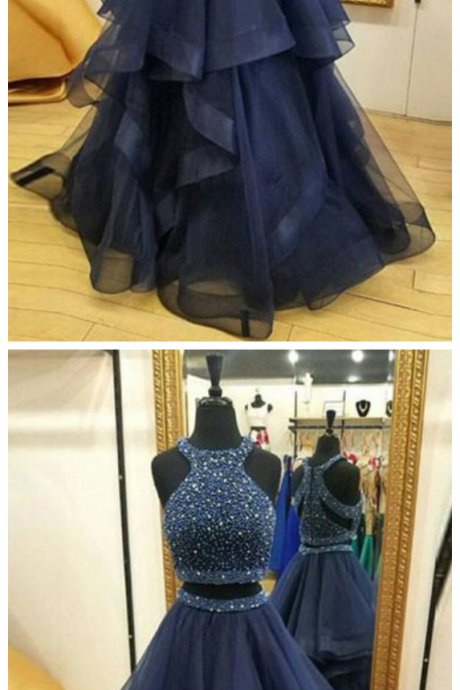 Crystals Ruffles Zipper Sleeveless Formal Dress Jewel Modest Two Piece Prom Dress