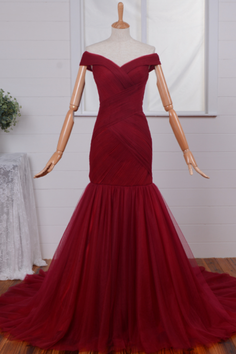 Ruched Mermaid Long Red Formal Evening Gown Off-the-shoulder Tulle Prom Dresses