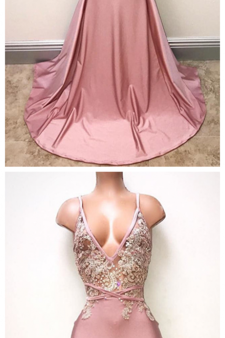 V-neck Pink Evening Dress Straps Beads Appliques Mermaid Sexy Prom Dress