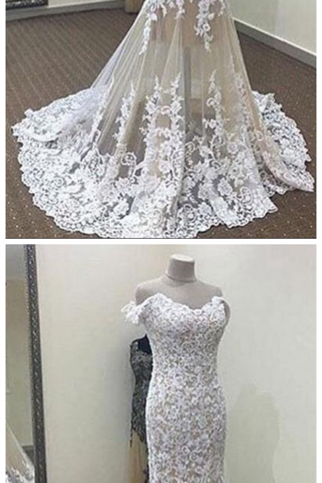 White Mermaid Off-the-shoulder Prom Dresses Long Lace Evening Dress