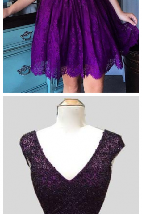 Purple Beaded Bodice Cap Sleeves Homecoming Dresses,two Piece Lace Homecoming Dress