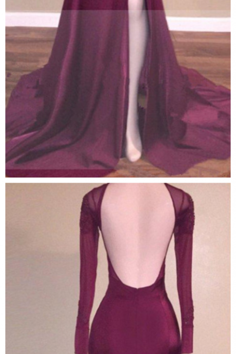 Backless Long Sleeves Burgundy Mermaid Appliques Side-slit Prom Dress