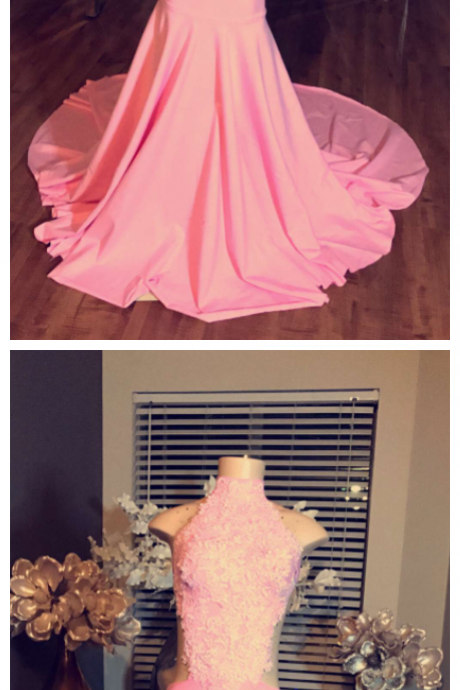 High Neck Long Evening Dress Lace Sleeveless Pink Mermaid Prom Dresses