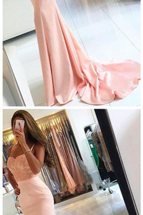 Newest Sleeveless Lace Evening Dress Appliques Mermaid Spaghetti-strap Prom Dress
