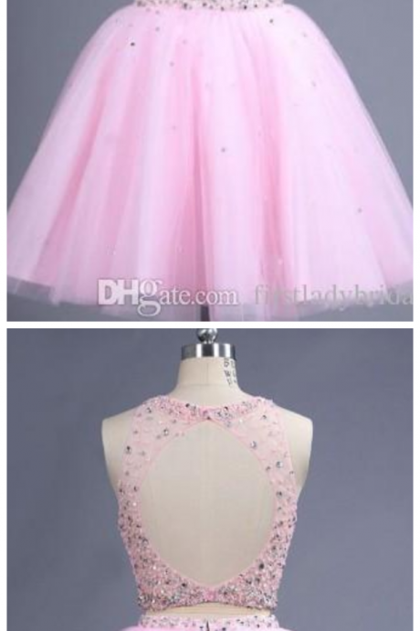 Short Homecoming Dresses Pink Real Photos Sheer Crew Neck Two Pieces Prom Gowns Backless Beaded Cocktail Party Dress Tulle