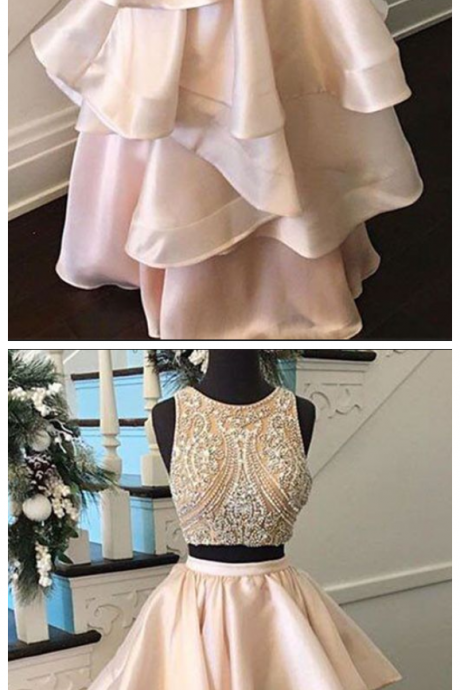 Pink Satins Two Pieces Beading A-line Full-length Casual Dress,graduation Dresses