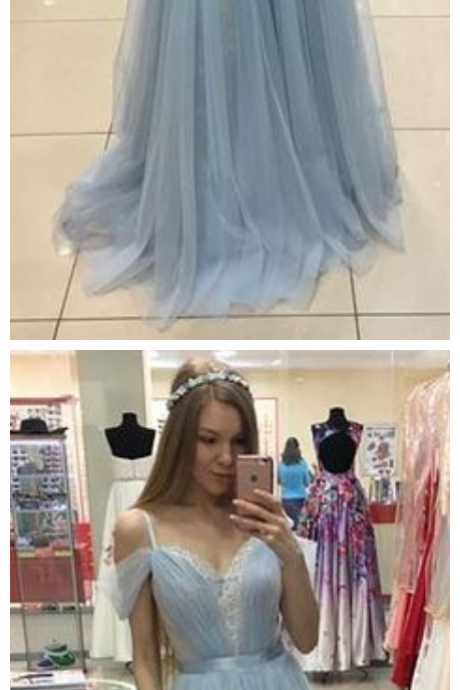 A-line Sweep Train Baby Blue Formal Dress Cap Sleeves Beautiful Straps Tulle Prom Dress