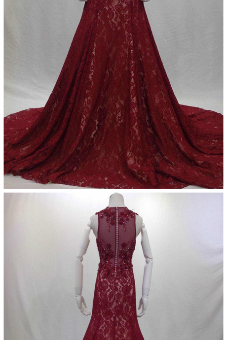 Fashionable Beading Prom Dress,Red Evening Dresses Real Photos long Elegant Sexy Party Lace Chapel Train Prom Dresses 