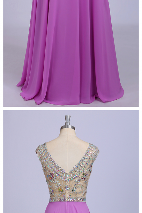 Light Purple Prom Dresses, Long Chiffon Floor Length Party Dress, Beaded Crystals Prom Dresses,cap Sleeve Prom Gowns,backless Women Formal Gowns