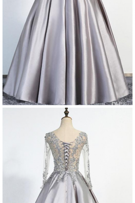 Prom Dresses ,elegant Sliver Evening Dresses A-line Scoop Illusion Lace Up Long Sleeves Floor Length Appliques Beading Real Picture Prom Gowns
