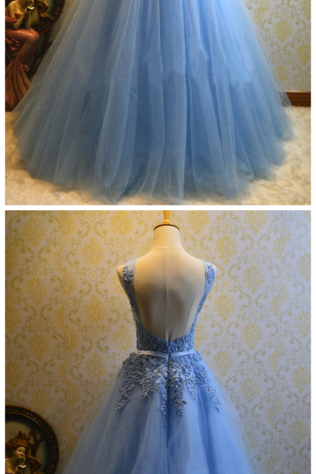 Ball Gown Blue Prom Dress,tulle Appliques Prom Dresses,long Quinceanera Dresses