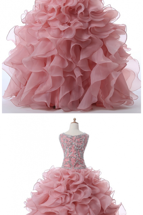 Charming Prom Dress, Blush Quinceanera Dress Organza Ruffled Floor Length Sleeveless Rhinestones Crystals Sequins Sweet 16 Dresses