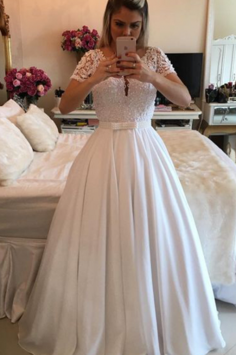 Princess Prom Dresses,short Sleeves Prom Dresses,a-line Prom Dresses,white Prom Dress,prom Dresses For Teens,beaded Prom Gowns,prom