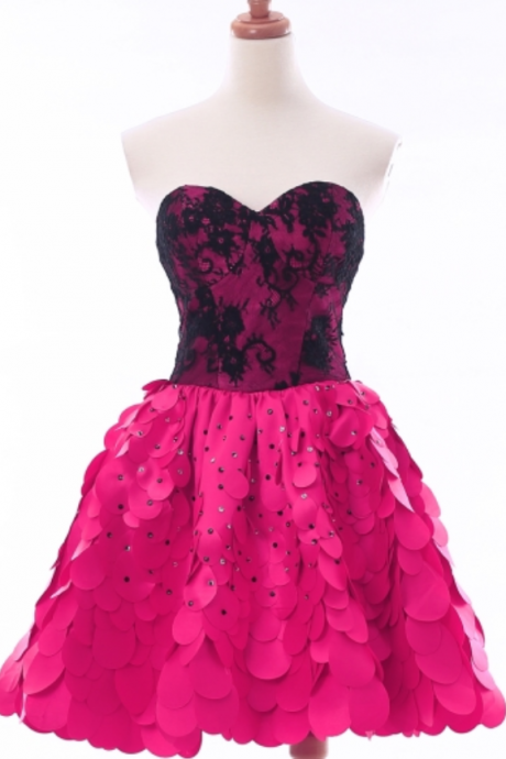 Fuchsia Sweetheart Lace Beaded Short Homecoming Dresses