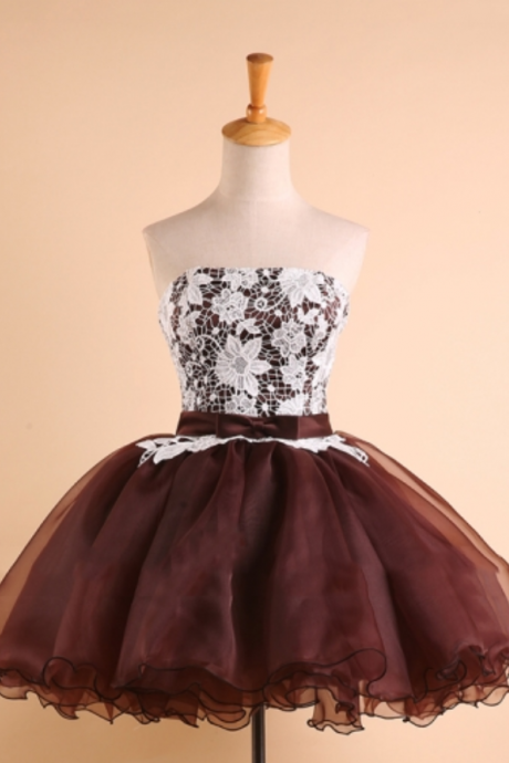 Brown A-line Strapless Lace Mini Homecoming Dresses