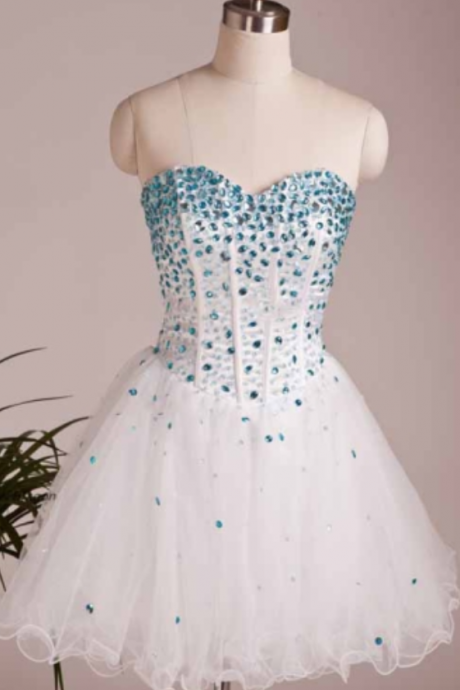 Blue Sweetheart Beaded Crystal Mini Homecoming Dresses