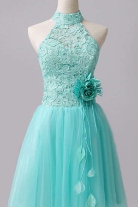 Mint A-line Halter Lace Flowers Short Homecoming Dresses