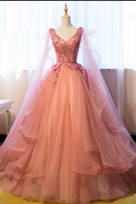 Ball Gown V-neck Appliques Beading Floor-length Quinceanera Dress