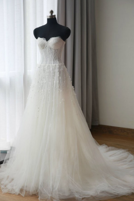 Tulle Wedding Gown Featuring Crystal Flower Embellishments and Lace Strapless Sweetheart