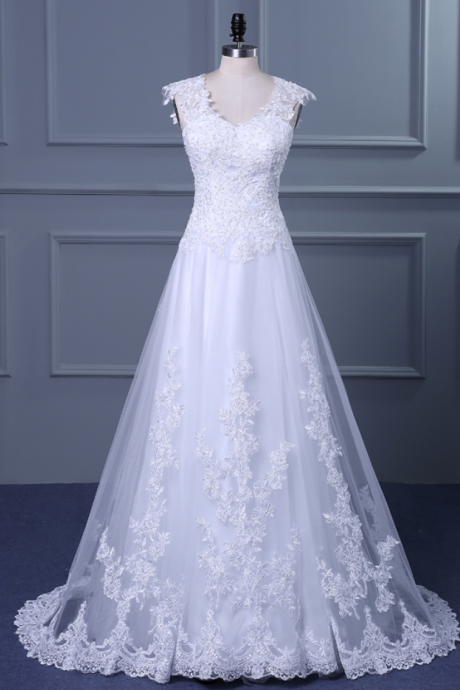 White Lace Applique Wedding Dresses With V-neck And Court Train