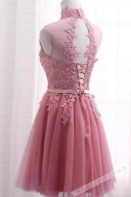 Pink High Neckline Lace Applique Homecoming Dresses
