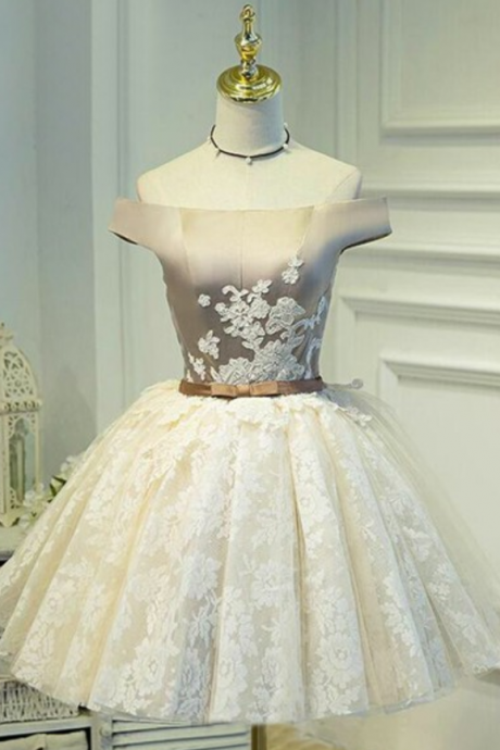 Ball Gown Off Shoulder Short Ivory Lace Homecoming Dress With Appliques