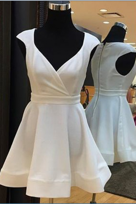 White Cap Sleeves Short White Elastic Satin Homecoming Dresses