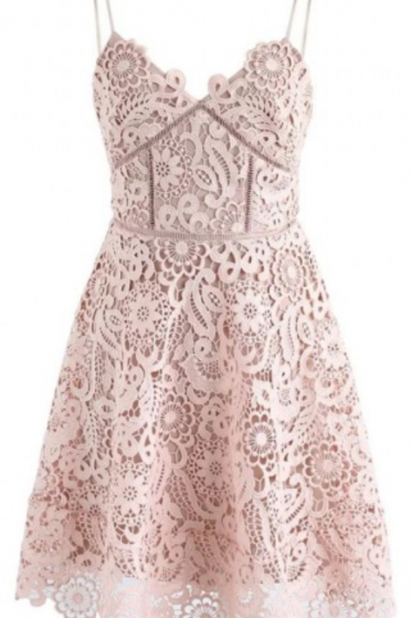 Lace Spaghetti Straps Above-knee Pink Lace Homecoming Dresses