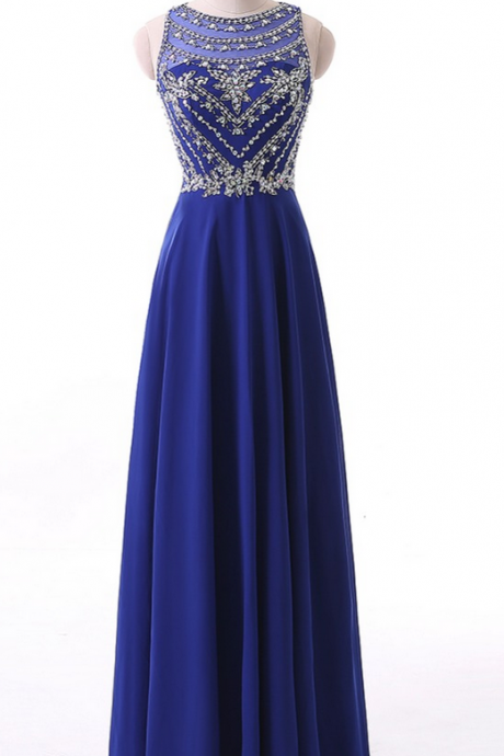 Long Evening Dress Blue Chiffon Festa Sexy Scoop Sleeveless Beaded Formal Party Gowns A Line Prom Dresses