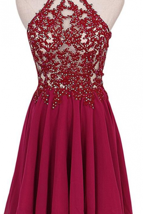 Lovely Short Wine Red Lace Applique And Chiffon Party Dresses, Burgundy Homecoming Dresses, Short Homecoming Dresses