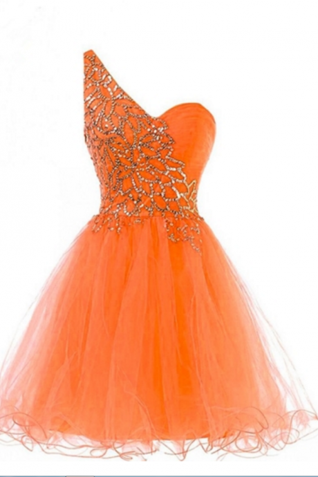 Orange A-line One-shoulder Beading Short Homecoming Dress