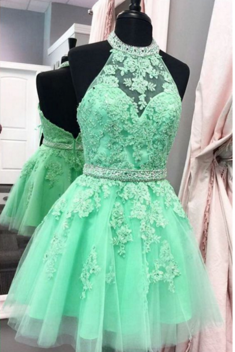 Mint Homecoming Dresses Open Back Sleeveless A-line/column Haltered Above-knee Tulle