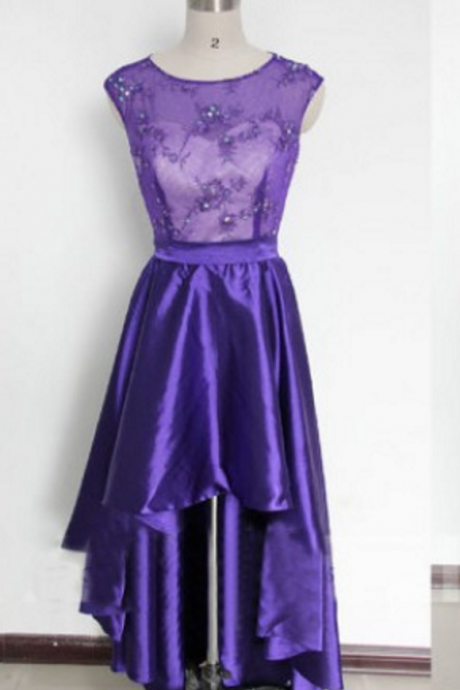 Purple Homecoming Dresses Zipper-up Sleeveless Beadings Above-knee Round Neck Gown