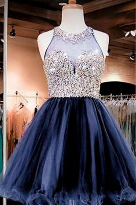 Gorgeous Navy Blue Rhinestone Beaded Organza Homecoming Dresses,