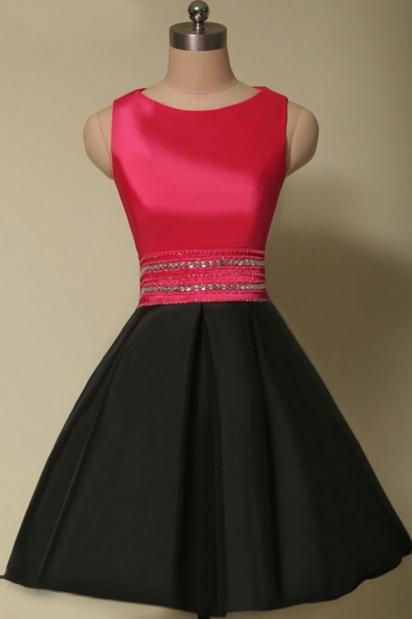 Black Satin Beaded Sleeveless Homecoming Dress,Prom Dress,Graduation Dress