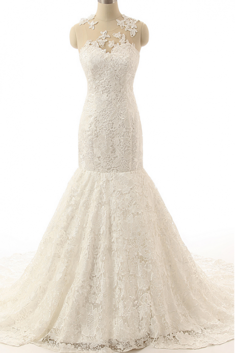 Sleeveless Sheer Lace Mermaid Long Wedding Dress, Bridal Gown