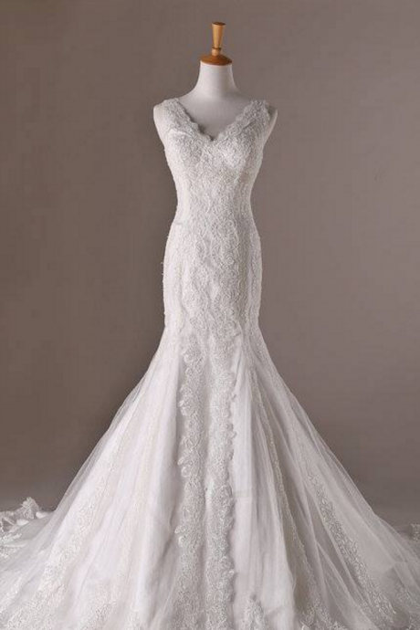 V-Neck Sleeveless Lace Mermaid Wedding Dress, Bridal Gown