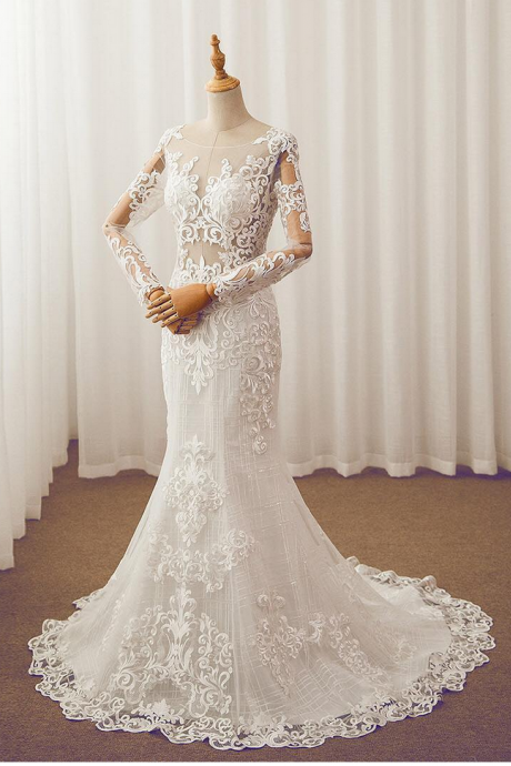 Sheer Lace Appliqués Mermaid Wedding Dress With Long Sleeves And Train