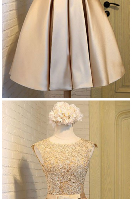 Light Golden Satin Homecoming Dress,lace Round Neck Homecoming Dresses