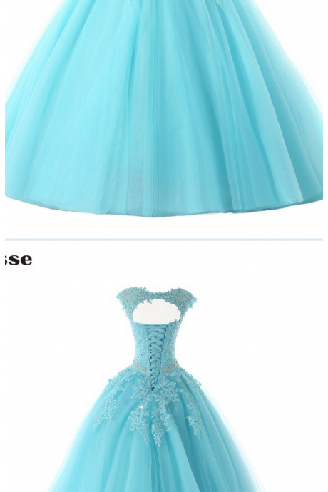 Sexy Blue Prom Dresses Ball Gowns Long Blue Tulle Appliques Beaded Cap Sleeves Sweet 16 Dress