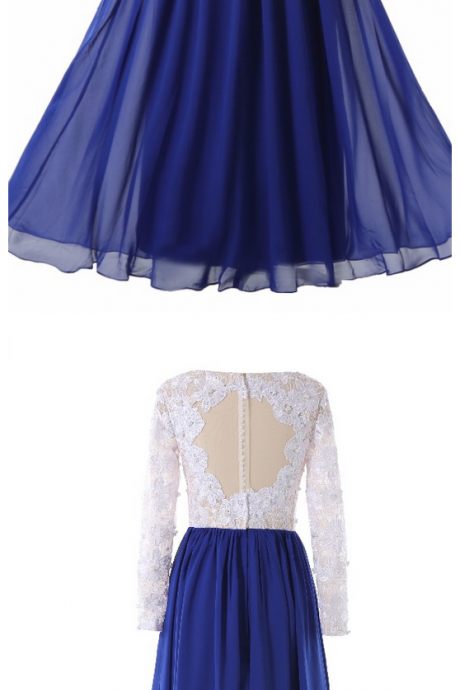 Royal Blue Chiffon White Lace Top Evening Dresses Long Sleeves Prom Party Gown