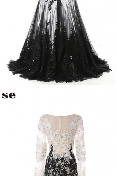Black Skirt Appliques Beaded Evening Dresses ,sexy Long Sleeves Prom Party Gown